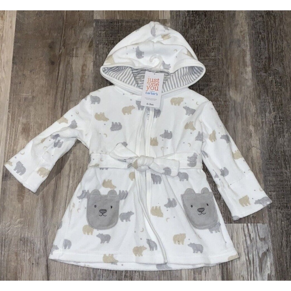 Just One You‎ by Carter's Baby White Bear Print Bath Robe Tie Waist  Size 0-9M